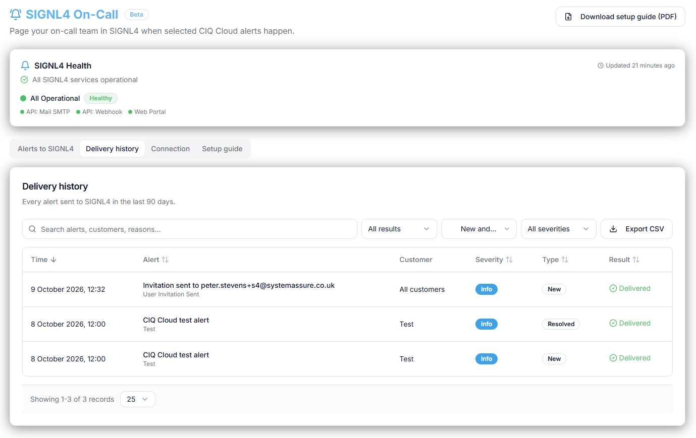 CIQ Cloud SIGNL4 delivery history