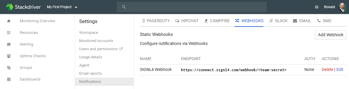 Google Stackdriver Webhook
