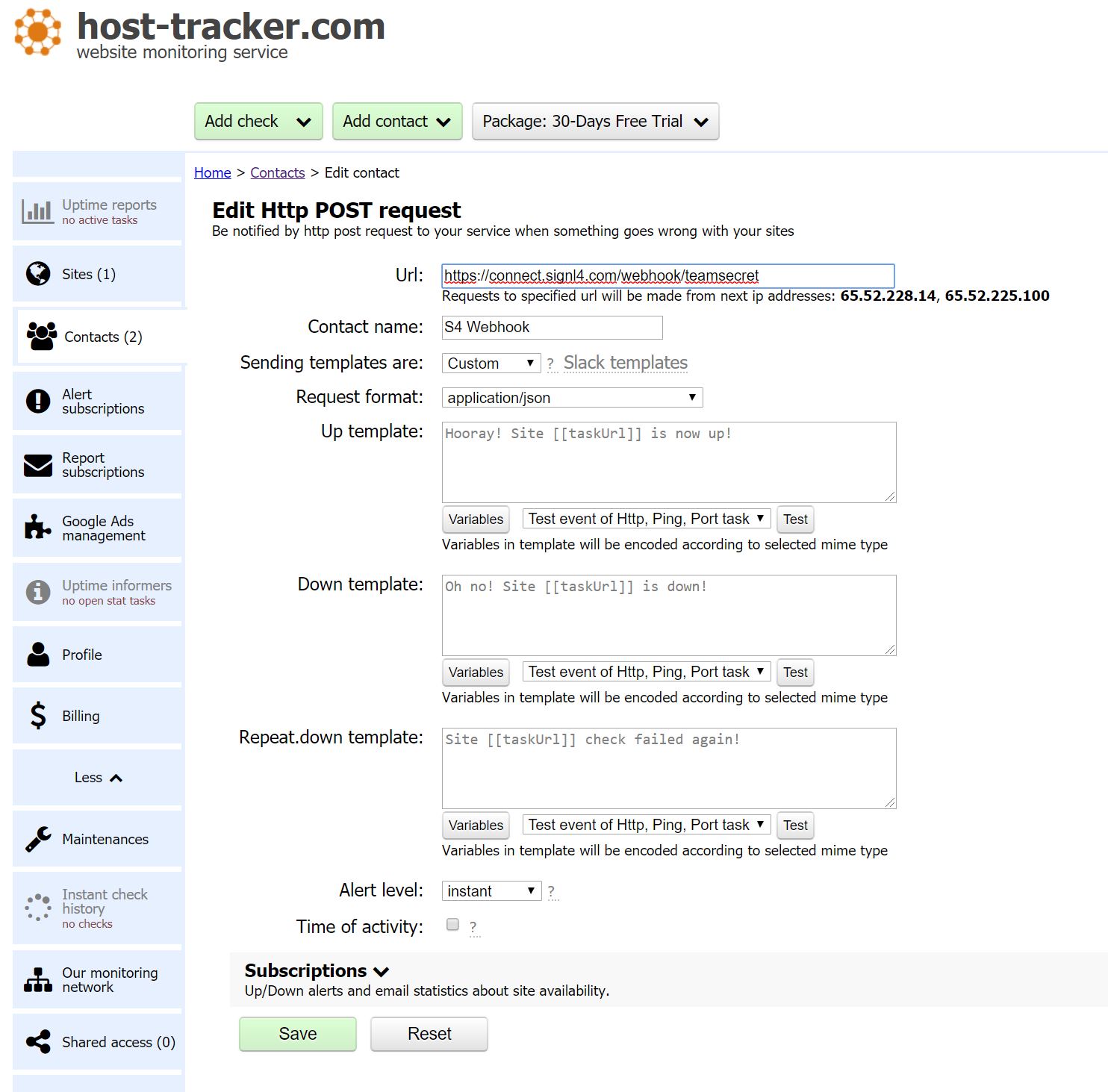Host Tracker Custom Webhook