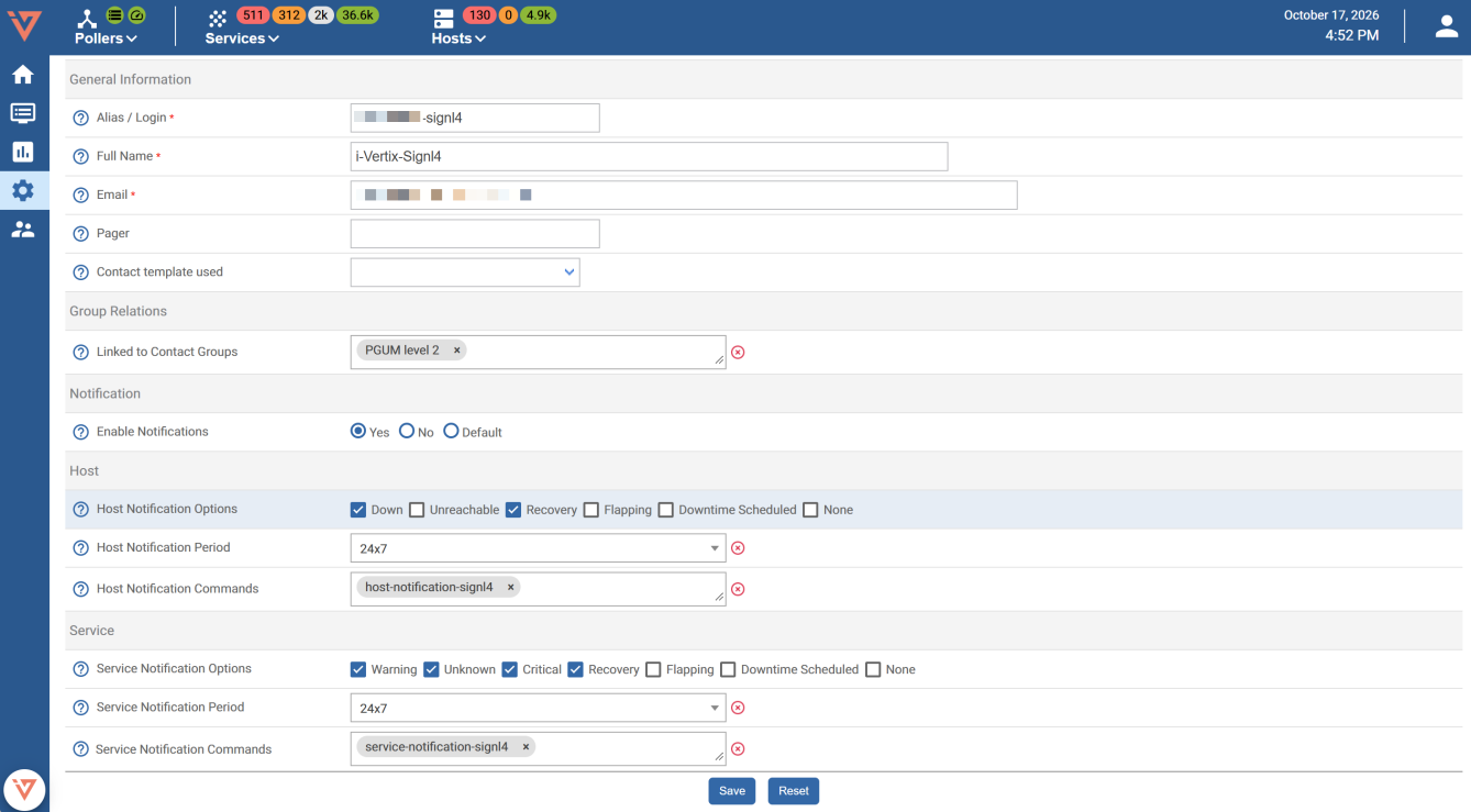 i-Vertix contact configuration with SIGNL4 notification commands